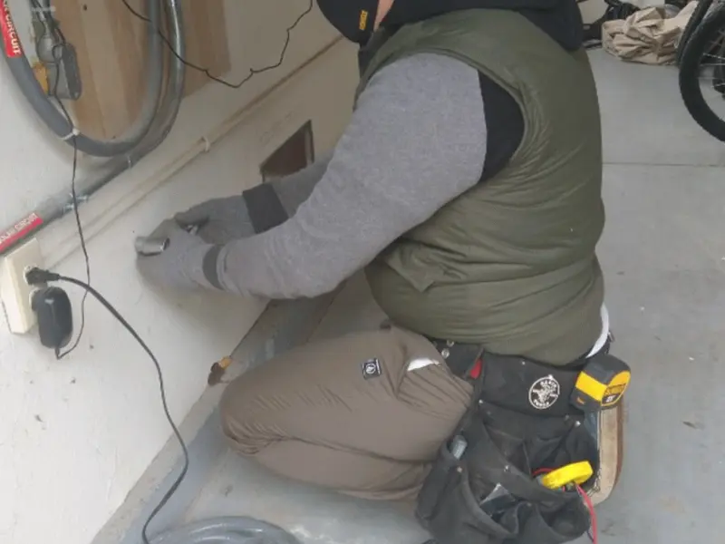 Electrician performing outlet wiring in a Cambridge garage